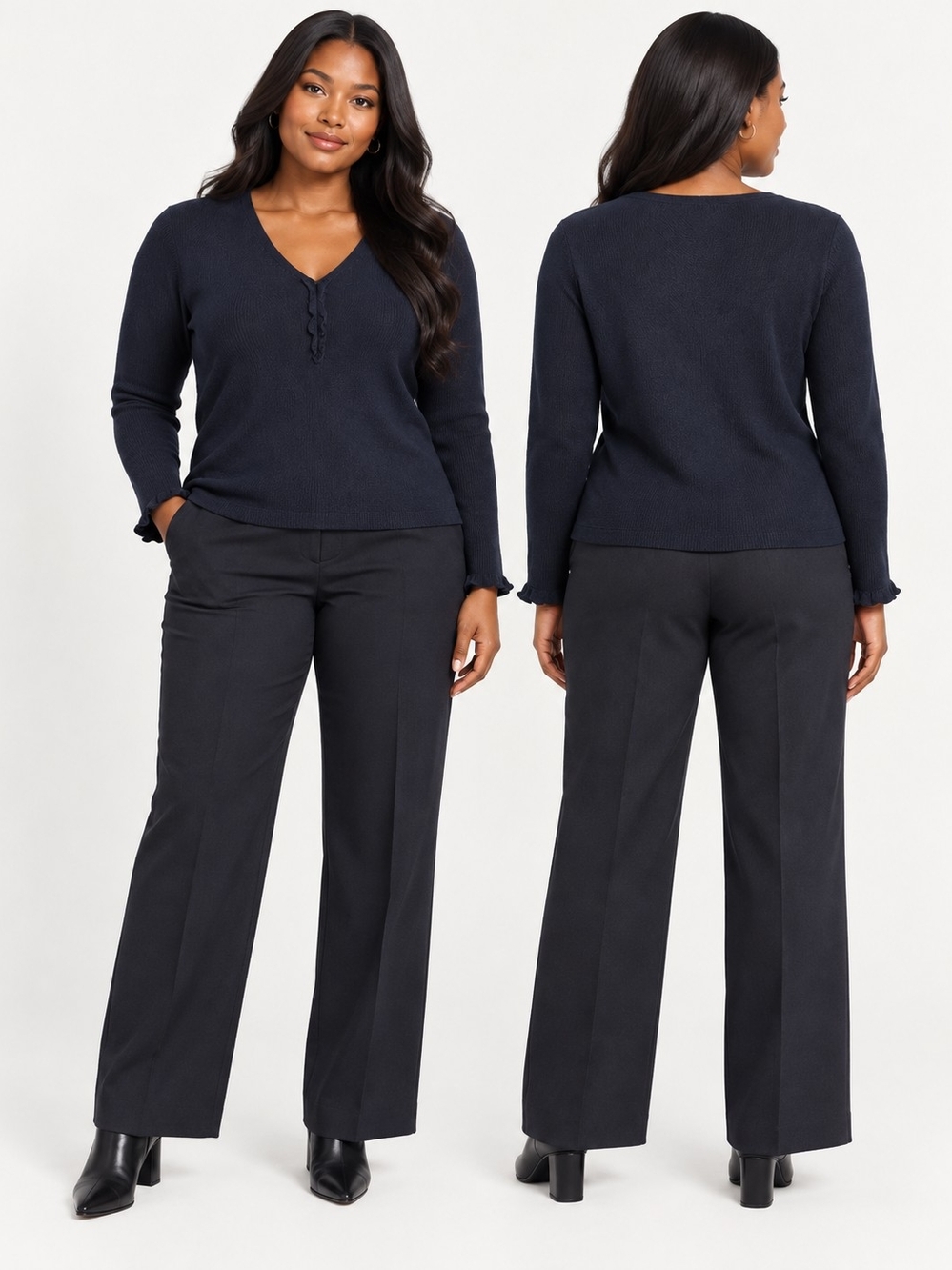 Kasper Knits Women’s XL Navy V-Neck Ruched Stretch Knit Top Long Sleeve